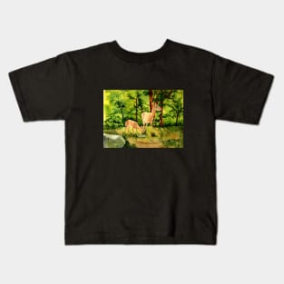 Doe and Fawn (deer) Watercolor Kids T-Shirt